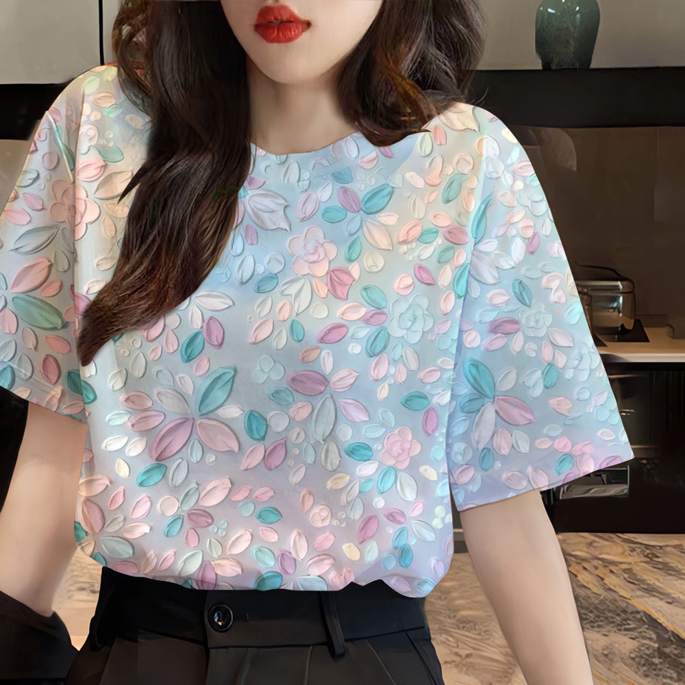 Áo thun ngắn tay in hoa màu sắc đa năng cho phụ nữ, cổ tròn, kích thước lớn, phong cách thoải mái