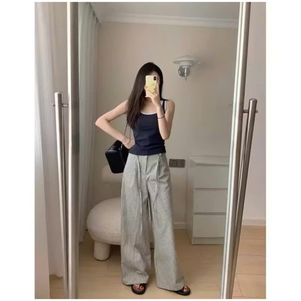 Quần Kẻ Sọc Nữ Mix Dây Eo phong cách (Chất Kaki Jean) Dày Dặn Lưng Cao Tôn Dáng Mặc Thoải Mái