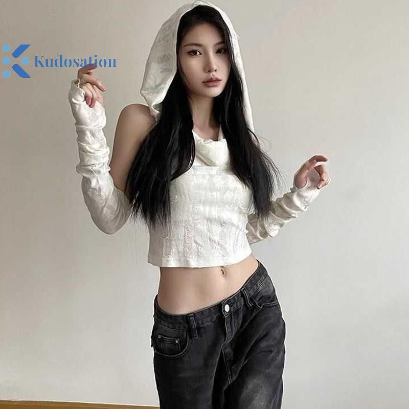 Kudosation Thời Trang Mỹ Rách Có Mũ Trùm Đầu Áo Y2k Sang Trọng Ôm Crop Top Có Tay Áo Đẹp