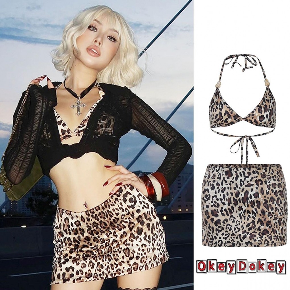 Okdk-bộ 2 món trang phục mùa hè dành cho nữ Áo Crop top cổ chữ V in họa tiết da báo và váy Mini