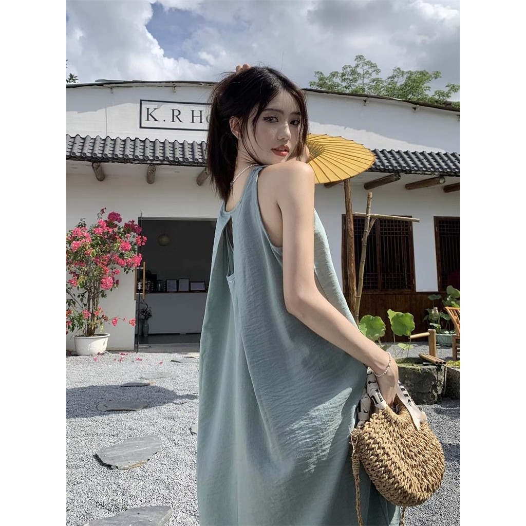 Đầm dài không tay cổ dây cho phụ nữ, thời trang mới mùa hè, phong cách nghỉ dưỡng bãi biển