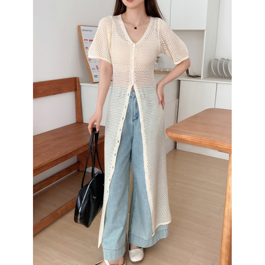 SUXI Áo len dệt kim dài tay ngắn rỗng dài tay mùa hè mới dành cho nữ 250411