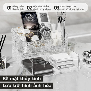 Kệ Đựng Mỹ Phẩm Vân Kim Cương Trong Suốt 2 Tầng Chia Ngăn Để Bàn Có Ngăn Kéo Tiện Lợi Sang Trọng