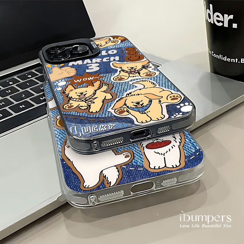 ibumpers Ốp Điện Thoại iPhone Funky Lively Puppy Denim Họa Tiết Cho IPhone 16 15 14 12 13 11 Pro Max IP 7 8 Plus X XS XR Ốp Lưng IMD Cứng Và Nhẵn