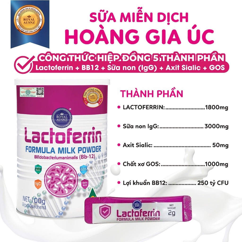 Sữa Hoàng Gia Úc Lactoferrin Formula Milk BB-12 ROYAL AUSNZ Hỗ Trợ Tăng Cường Hệ Miễn Dịch Cho Trẻ 100g