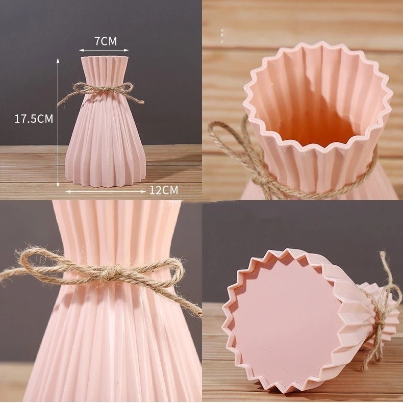 Bình hoa lọ hoa nhựa dáng Origami thắt lưng giả gốm decor phong cách bắc âu họa tiết sọc đơn giản hiện đại sẵn dây gai