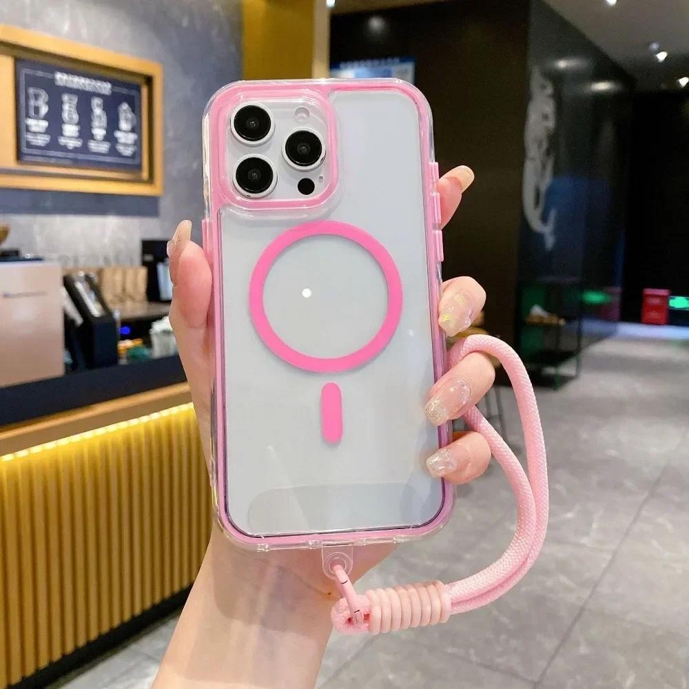 Ốp điện thoại dây đeo cổ tay trong suốt cho iPhone 16 Pro Max 15 14 Plus 13 12 11 Vỏ bảo vệ chống sốc