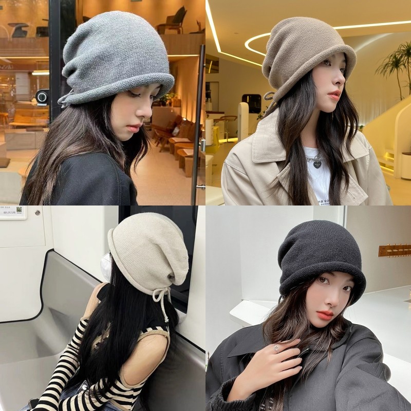 Thu Đông Nữ Dệt Kim Baggy Beanie Mũ Dây Rút Slouchy Len Chui Đầu Mũ Ngoài Trời Chống Gió
