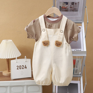(6m-8Y) Quần Áo Cho Bé Toddle In Hình Gấu Hoạt Hình Tay Ngắn + Dây Treo 2 Dây Đeo Bé Trai Bé Gái Bộ Phong Cách Thời Trang Hàn Quốc