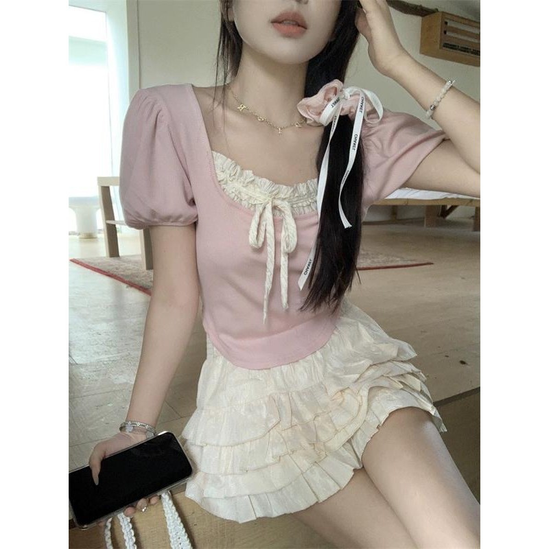 Áo brandy coquette tay ngắn cổ vuông chất thun tăm phối chân váy bèo dáng nhẹ nhàng siêu xinh Lady CRT4