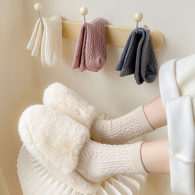 Tất Xoắn Dày Nữ Thu Đông Ống Vừa Ấm Áp Đơn Giản Màu Trơn Khử Mùi Tất