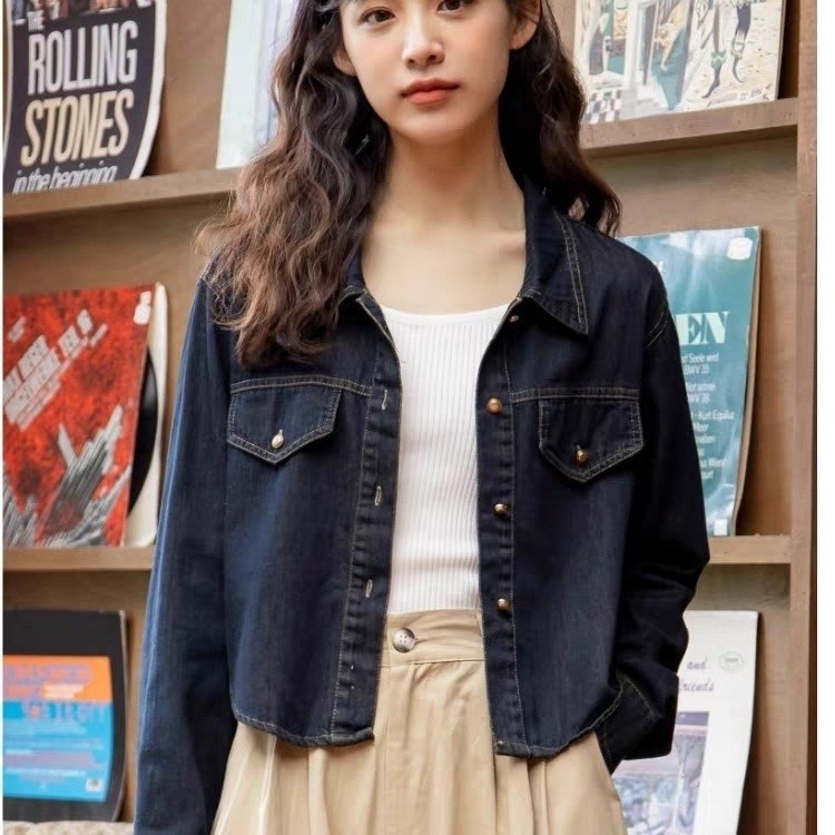 Dài Tay.Thông Thường Nhỏ Phong Cách Hồng Kông Áo Sơ Mi Ngắn Niche Denim Áo Khoác Retro Sang Trọng Nữ