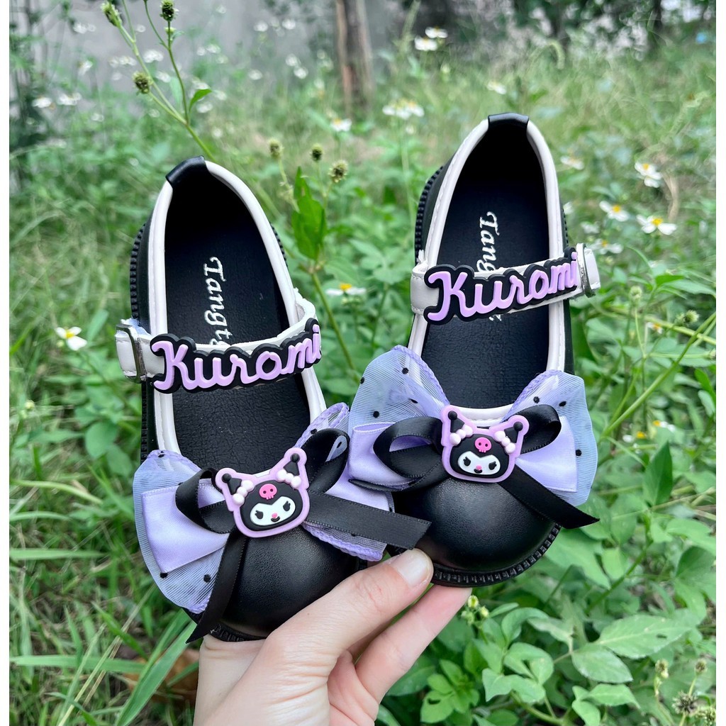 giày búp bê Kuromi bé gái giày bệt cho bé da PU mềm êm chân nơ chấm bi xinh xắn đen trắng QCCC full hộp Kuromi7003