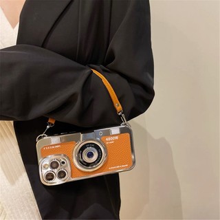 Sang Trọng 3D Camera Mạ Bạc Da Trắng Wrsit Dây Đeo Ốp Lưng Điện Thoại iPhone 17Promax 16Promax 12 13 14 15 Pro Max Chống Sốc Nữ Di Động Bao