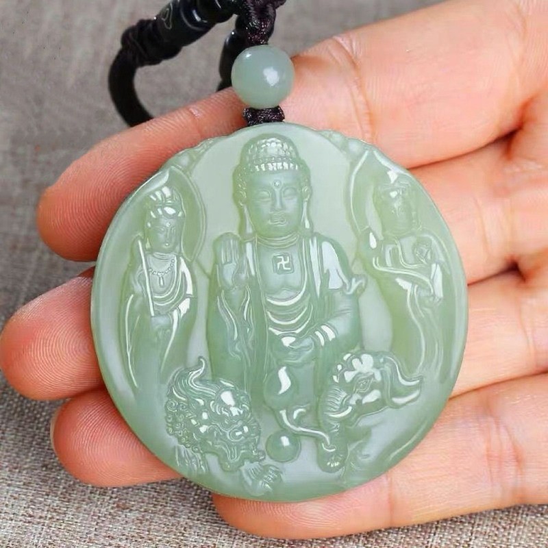 Tự Nhiên Xanh Trắng Ngọc Tây Sansheng Ngọc Thương Hiệu Quan Âm Mặt Dây Chuyền Sapphire Khắc Hòa Bình Ngọc Mặt Dây Chuyền