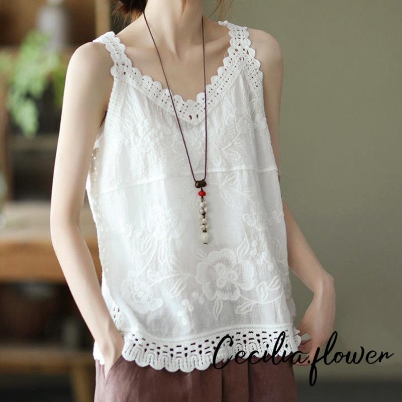 Áo Tank Nữ Thêu Hoa Cổ Chữ V Áo Vest Mùa Hè Không Tay Áo Dạo Phố