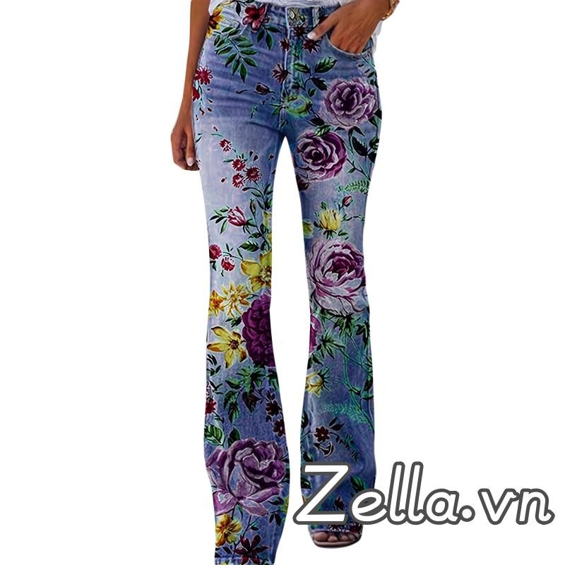 Quần jean nữ mùa xuân mùa hè loe in hoa đáy chuông mỏng Quần Denim