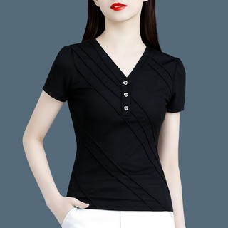 Đen Thời Trang Cao Cấp Top Nữ Cổ Chữ v Ice Silk Áo Thun Ngắn Tay Mùa Hè 2025 Phong Cách Mới Sang Trọng Nửa Tay