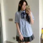 Áo babydoll xếp ly màu xanh tay ngắn đính nơ kiểu ulzzang thời trang hàn quốc
