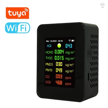 Máy đo chất lượng không khí di động Tuya Wifi 7in1 PM2.5 PM10 Carbon Oxide CO2 TVOC HCHO AQI Máy kiểm tra màn hình màu TFT Máy dò Carbon Dioxide với chức năng hiển thị thời gian và ngày