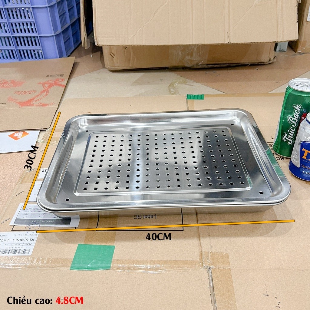 Khay inox úp ly ráo nước có lỗ - mâm trà chữ nhật nhiều cỡ