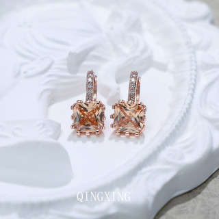 Châu Âu Mỹ ins Phong Cách Mới Vuông Zircon Hoa Hồng Vàng Tai Khóa Nữ