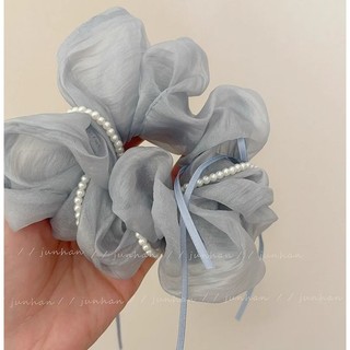 [Sản phẩm phúc lợi] Quiet Starry Sky Blue Bow Pearl Scrunchy Hair Ring Nữ Cao Cấp Phong Cách Hàn Quốc Satin Headband Phụ Kiện Tóc