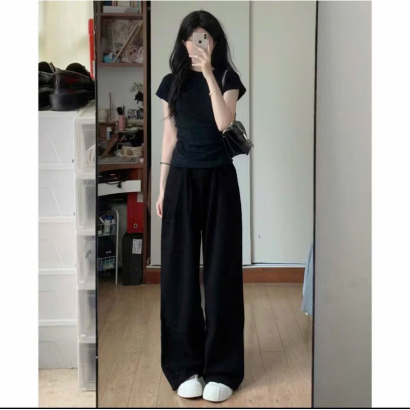 Quần jeans kaki nữ xếp ly ống rộng lưng cao cạp chun phong cách Hàn Quốc trend 2025