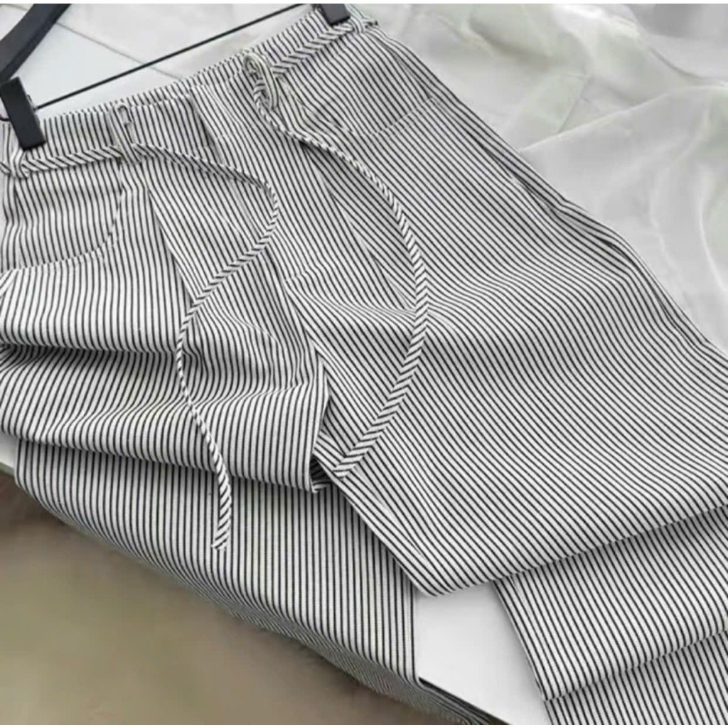 Quần Kẻ Sọc Nữ Mix Dây Eo phong cách (Chất Kaki Jean) Dày Dặn Lưng Cao Tôn Dáng Mặc Thoải Mái
