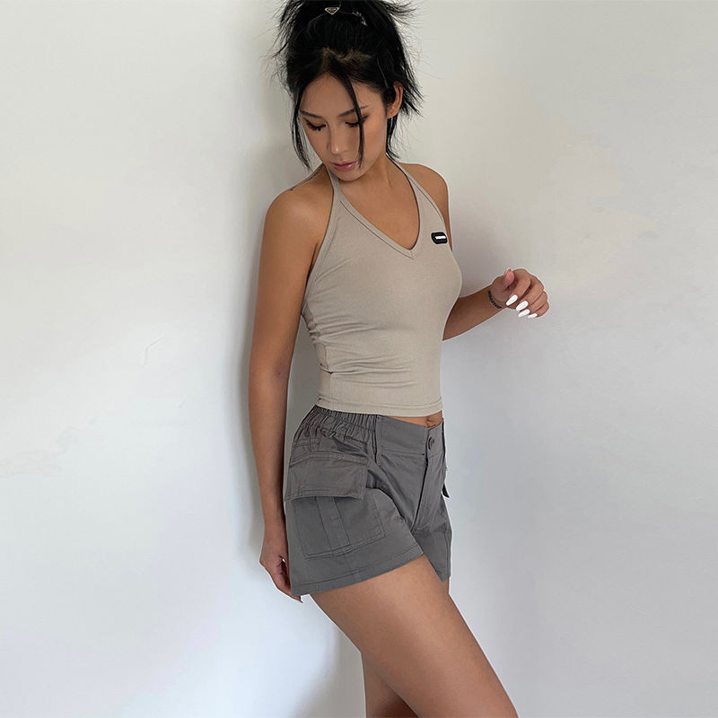 Quần Short Nữ Retro Thiết Kế Đơn Giản Thắt Lưng Co Giãn Túi Làm Việc