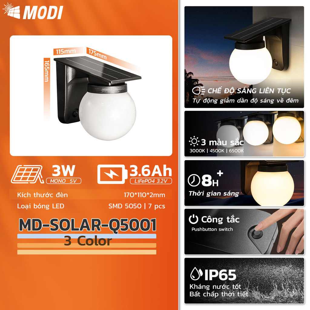 Ảnh Đèn Tường Năng Lượng Mặt Trời MODI SOLAR Có 3 Chế Độ Màu, Trang Trí Ngoài Trời 2