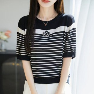 Camellia Màu Sắc Tương Phản Ngắn Tay Dệt Kim Nữ Xuân Hè Lyocell Cổ Tròn Sọc Áo Thun Top Light Loose Đơn Giản