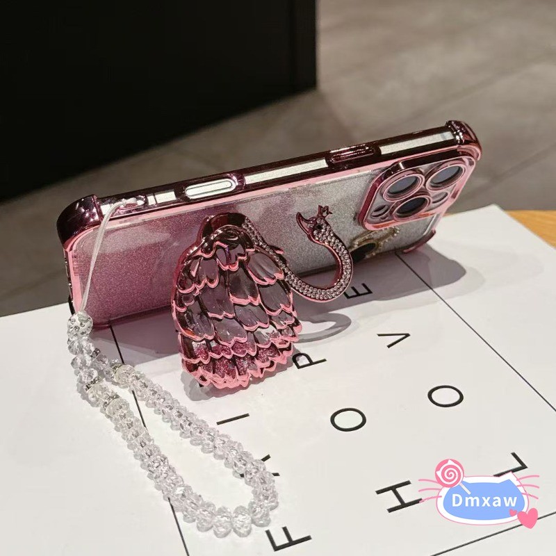 Ốp Điện Thoại Đứng Bling Swan Cho Motorola Edge 60 50 Fusion 50 Neo Pro Moto S50 G86 G72 G60S G40 Fusion G56 G05 E15 5G Vỏ Mạ Tình Yêu Màu Đen Thời Trang Có Dây Đeo Pha Lê