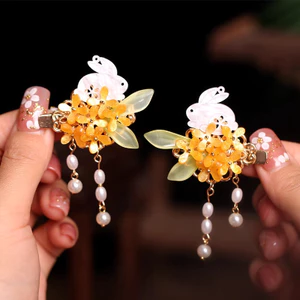 MAUROPOLI [Sẵn Sàng] Thỏ Cổ Osmanthus Tua Rua Kẹp Tóc Nữ Hanfu Trung Thu Lễ Hội Phụ Kiện Tóc Mỏ Vịt Kẹp Mũ Đội Đầu Nổ Cặp Kẹp