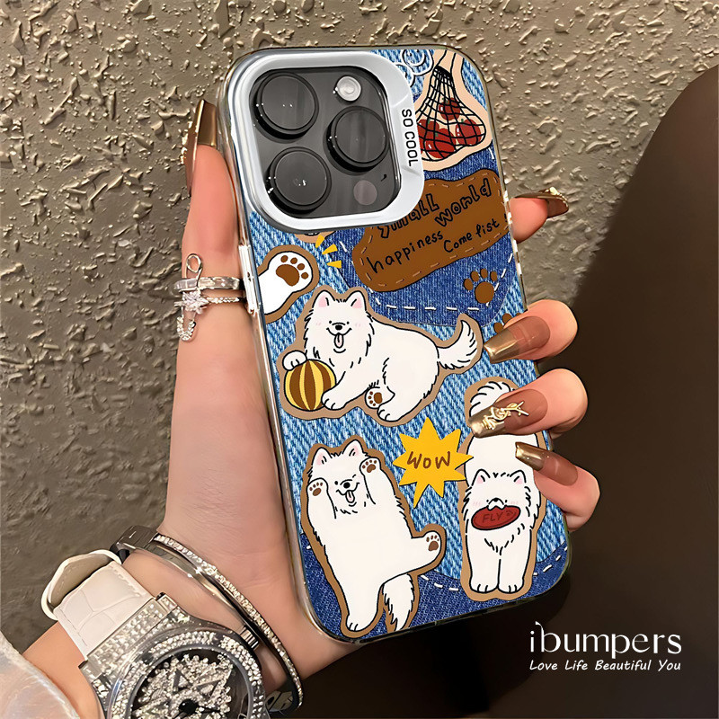 ibumpers Ốp Điện Thoại iPhone Funky Lively Puppy Denim Họa Tiết Cho IPhone 16 15 14 12 13 11 Pro Max IP 7 8 Plus X XS XR Ốp Lưng IMD Cứng Và Nhẵn