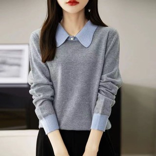 Nhẹ Sang Trọng Cao Cấp Tương Phản Màu Khâu Giả Hai Mảnh Dệt Kim polo Cổ Áo Chui Đầu Dài Tay Top Độc Đáo