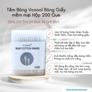 Tăm Bông Vcool Cho Bé Sơ Sinh Và Trẻ Nhỏ Hộp 200 Que | Vcoool 2 Đầu Dẹt Và Tròn Tiện Lợi Bông Giấy Mềm Mại