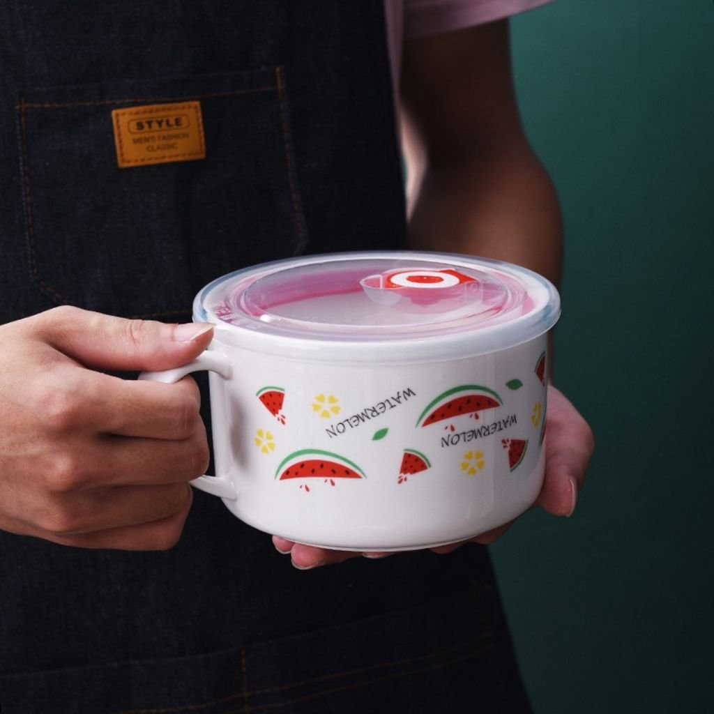 Bát sứ ăn mỳ kèm nắp nhựa có tay cầm Tô sứ pha mỳ chất liệu chịu nhiệt hoạ tiết đáng yêu