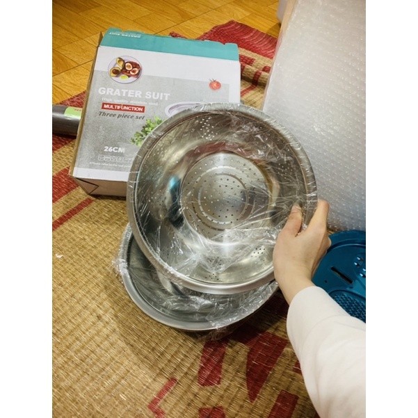 Bộ nạo rau củ 3 món bào Nhật Bản, Rổ nạo rau củ kiêm rổ và chậu inox cao cấp đa năng,tiện lợi