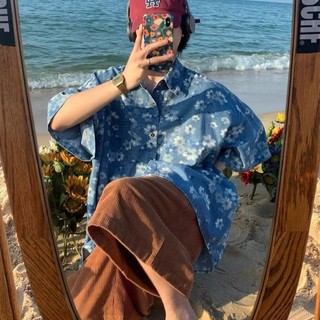 Áo sơ mi Denim in hoa, tay ngắn phong cách Hawaii du lịch kỳ nghỉ