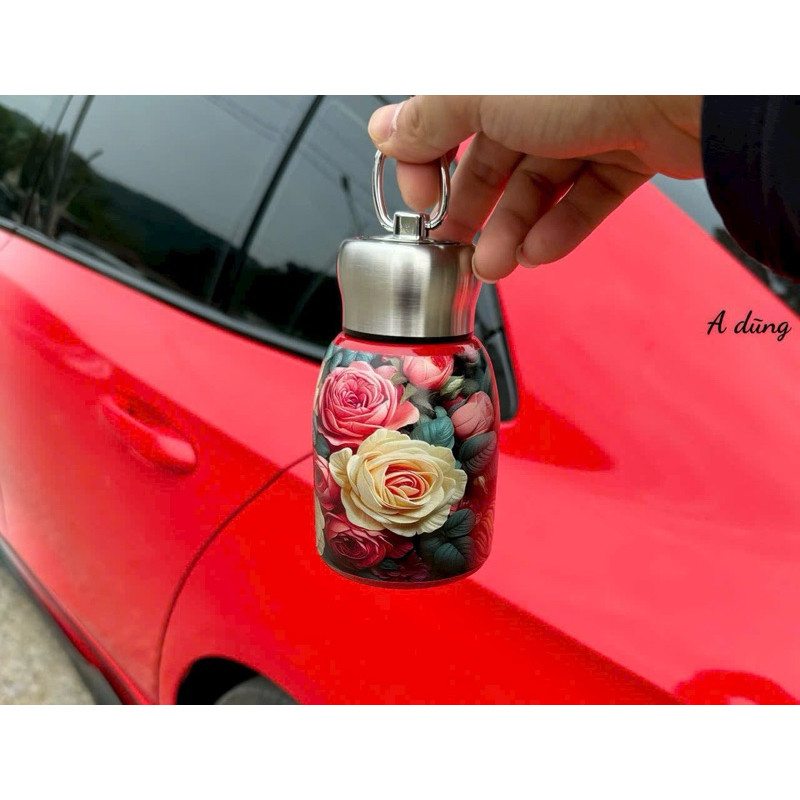 BÌNH GIỮ NHIỆT INOX MINI 300ML , CÓ QUAI XÁCH HỌA TIẾT HOA VINTAGE