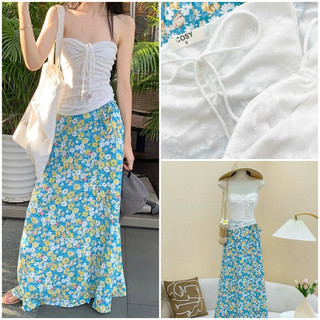 (Hàngl1)Set đồ đi biển 2 món áo cúp ngực rút dây ôm body phối chân váy xanh hoa nhí dáng dài cute dễ thương _SEP House