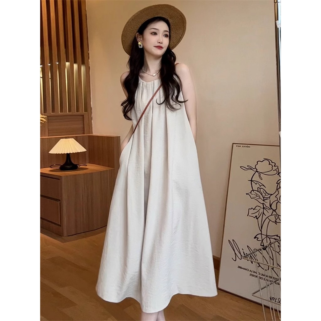 Đầm dài không tay cổ dây cho phụ nữ, thời trang mới mùa hè, phong cách nghỉ dưỡng bãi biển