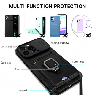 Dành Cho iphone 15 Pro Max / 14 Plus / 13 Pro / 12 / 11 Ốp Lưng 4 Trong 1 Trượt Camera Bao Đựng Thẻ Đứng Vuông Freebie Dây Chống Sốc Chống Rơi Mỏng Mềm TPU Cover