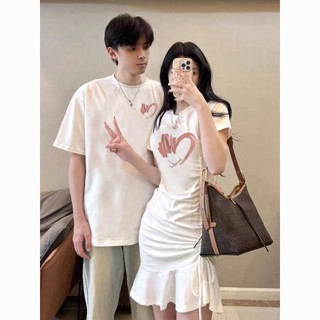 Mùa Hè Một Váy Một Mảnh Cặp Đôi Mặc Áo Thun Nam Nữ Phong Cách Tình Yêu Nữ Mùa Hè Đầm Áo Thun Phù Hợp Với nggfl