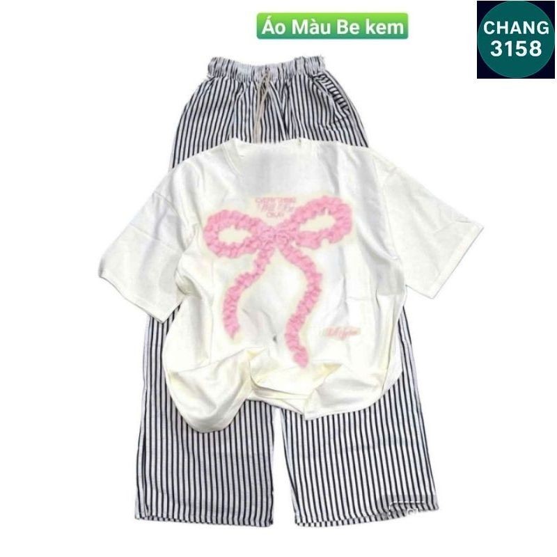 Sét Bộ Đồ Quần Đũi Xốp Kẻ sọc Vằn + mix áo phông form rộng tay lỡ  - Hình nơ dúm---chang3158