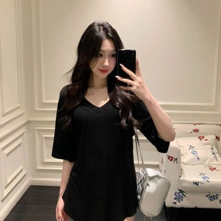 2025 Lười Che Mỡ Cổ Chữ v Thường Ngày Phù Hợp Với Hơi Béo mm Kích Thước Lớn Rời Mỏng Hơn Nhìn Top Mùa Hè Áo Thun Tay Ngắn