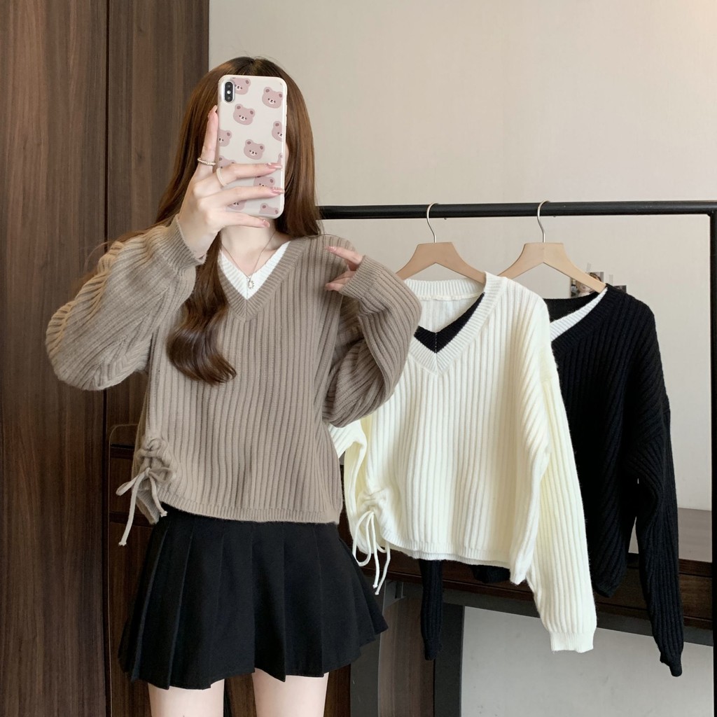 Size Lớn Áo Len Dệt Kim Ngọt Ngào Áo Len Dây Rút Nữ Thu Đông Áo Len Cổ ...
