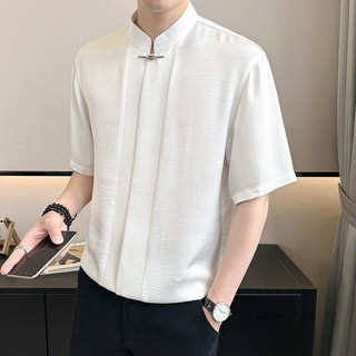 Áo sơ mi ngắn tay cổ đứng bằng lụa băng phong cách 2024 nam mới Quần áo nam Trung Quốc phong cách Trung Quốc Quần áo núi Trung Quốc Áo sơ mi tay năm điểm JP02