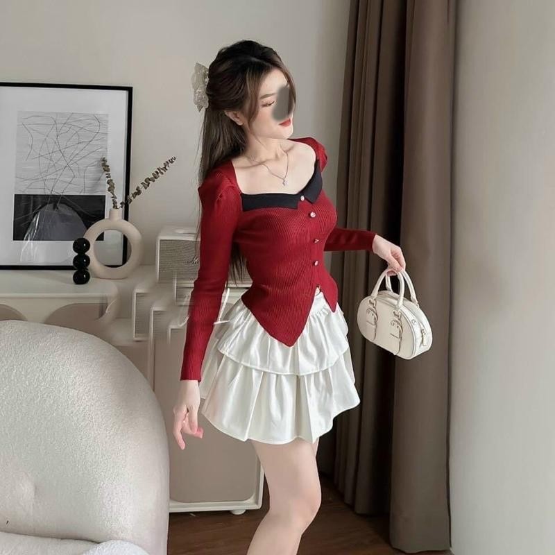 Sét áo tay dài chất thun tăm phối chân váy 2 tầng